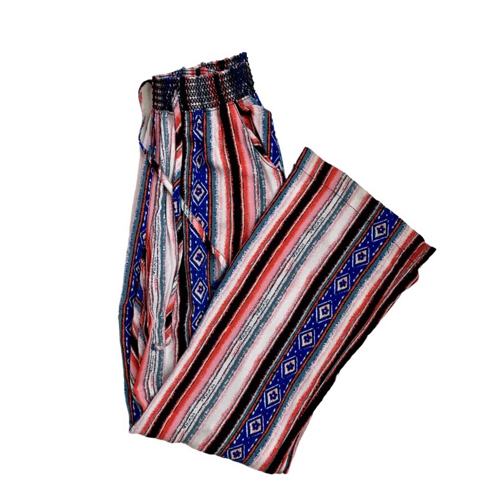 BEAU DAWSON Women’s‎ Striped Pants Boho Wide Leg Shirred Waist Beach Lounge L